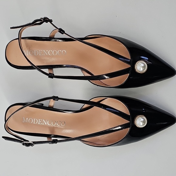 Modencoco Black Patent Leather Pointed Toe Low Block Heel w Pearl Accent Sz:8.5 - Picture 3 of 10